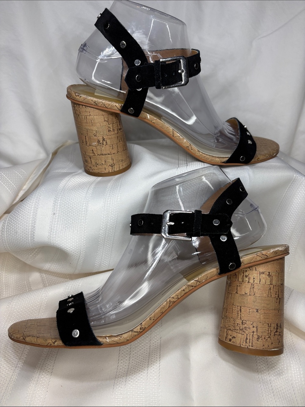 Women’s Black Silver Studded Round Cork Block Heel Sandals Sz 10